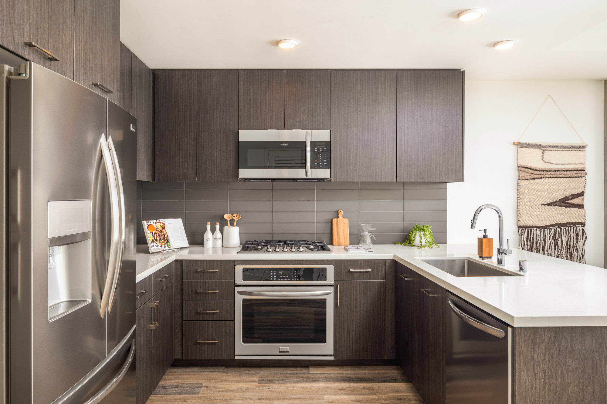 Kitchen space at The Merian Apartments in San Diego, California.
