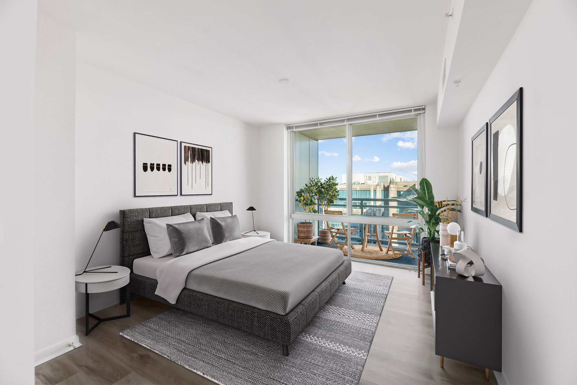 A bedroom at 8421 Broad apartments in McLean, Virginia.