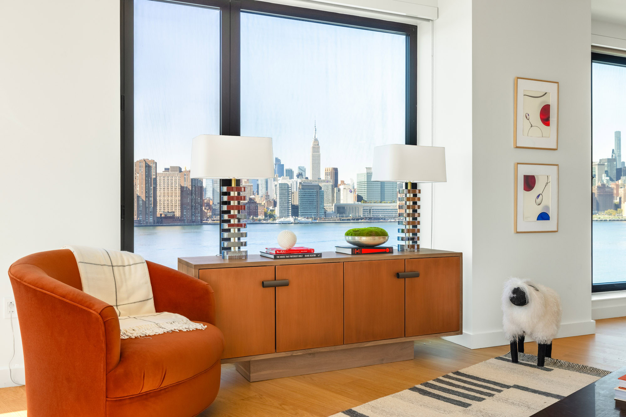A living area in a Eagle + West apartment in Greenpoint Landing in Brooklyn, New York.