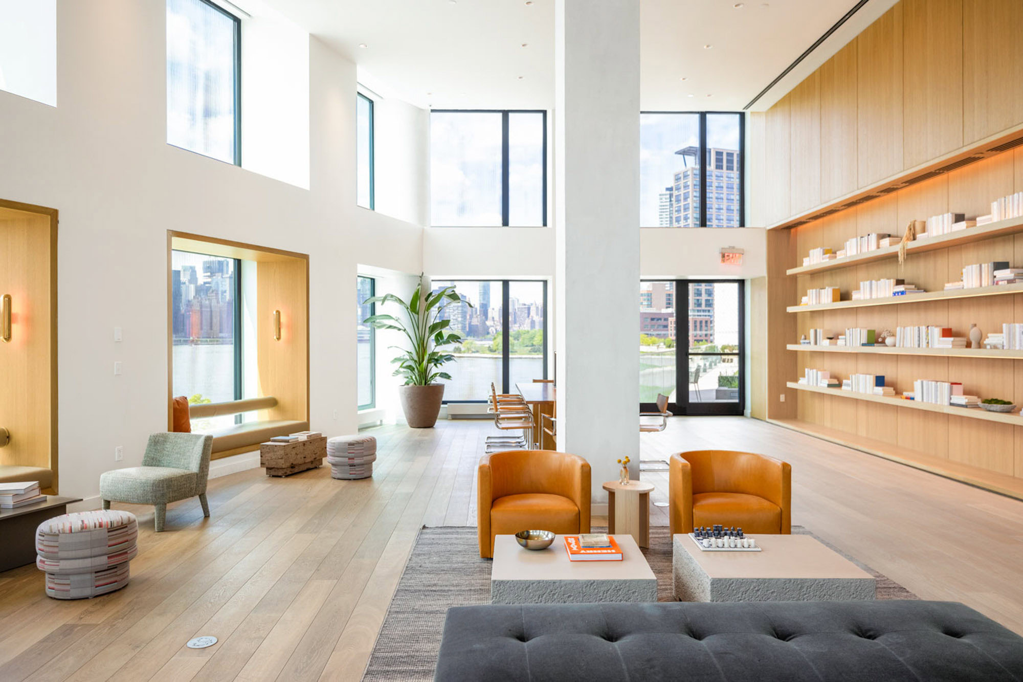 The Great Room at Eagle + West apartments in Greenpoint Landing in Brooklyn, New York.