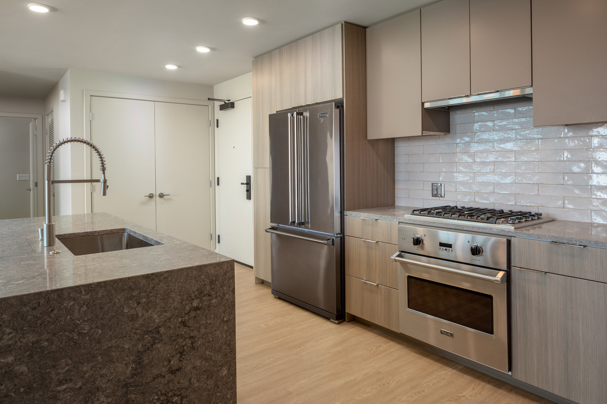 Kitchen space at The Merian Apartments in San Diego, California.