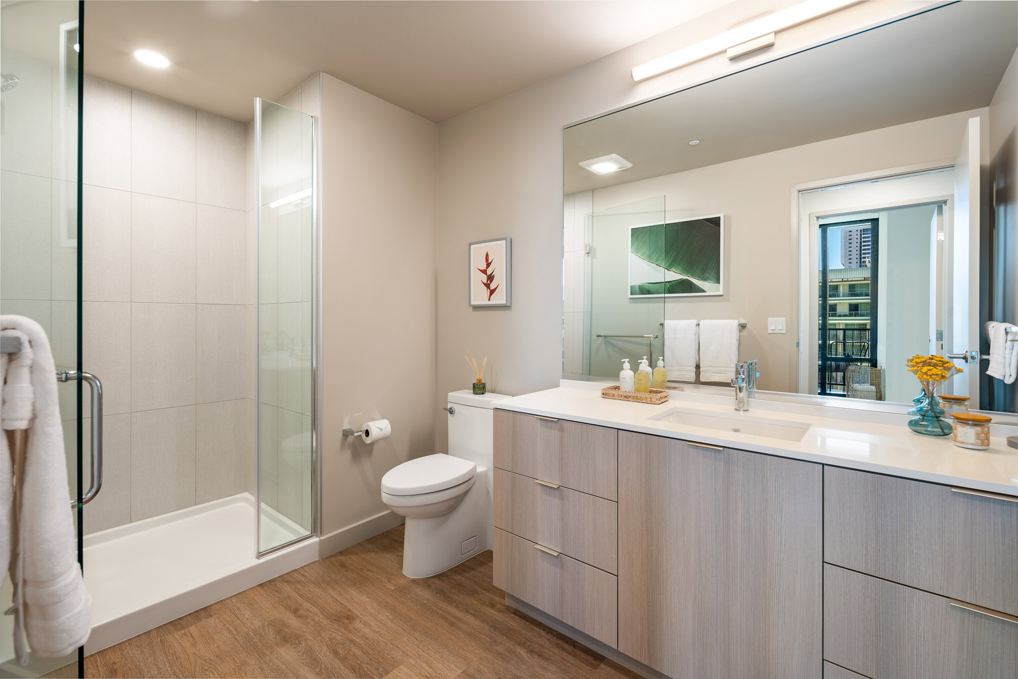 Modern bathroom with standing shower.