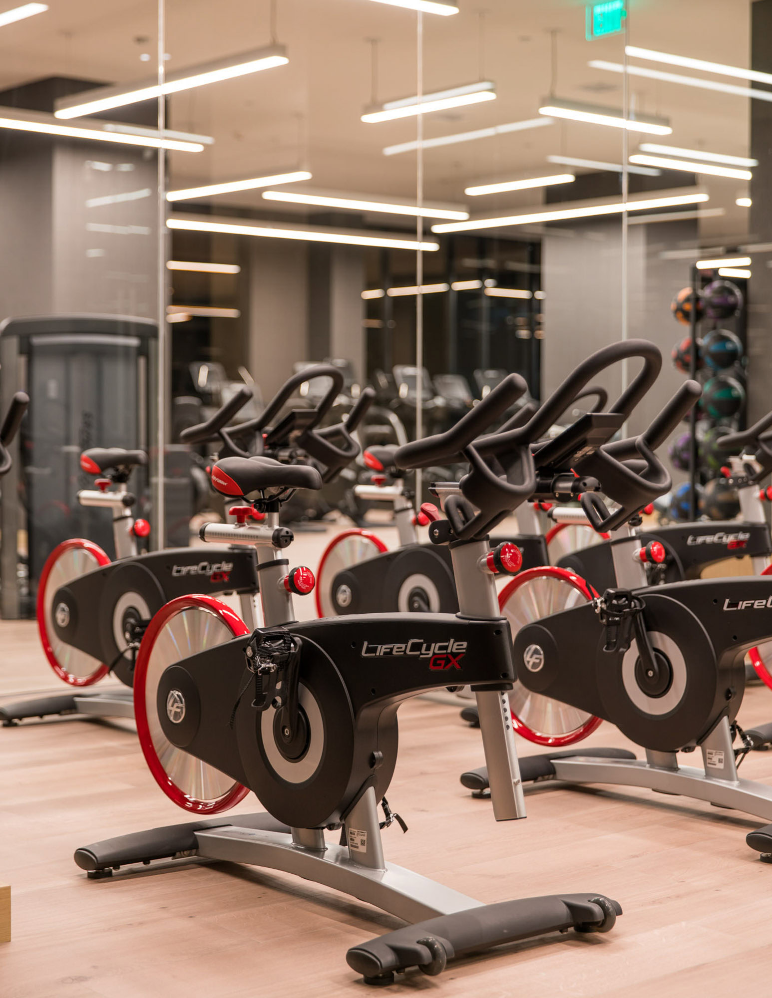 A yoga studio and bike room at the Atelier luxury apartments in downtown los angeles