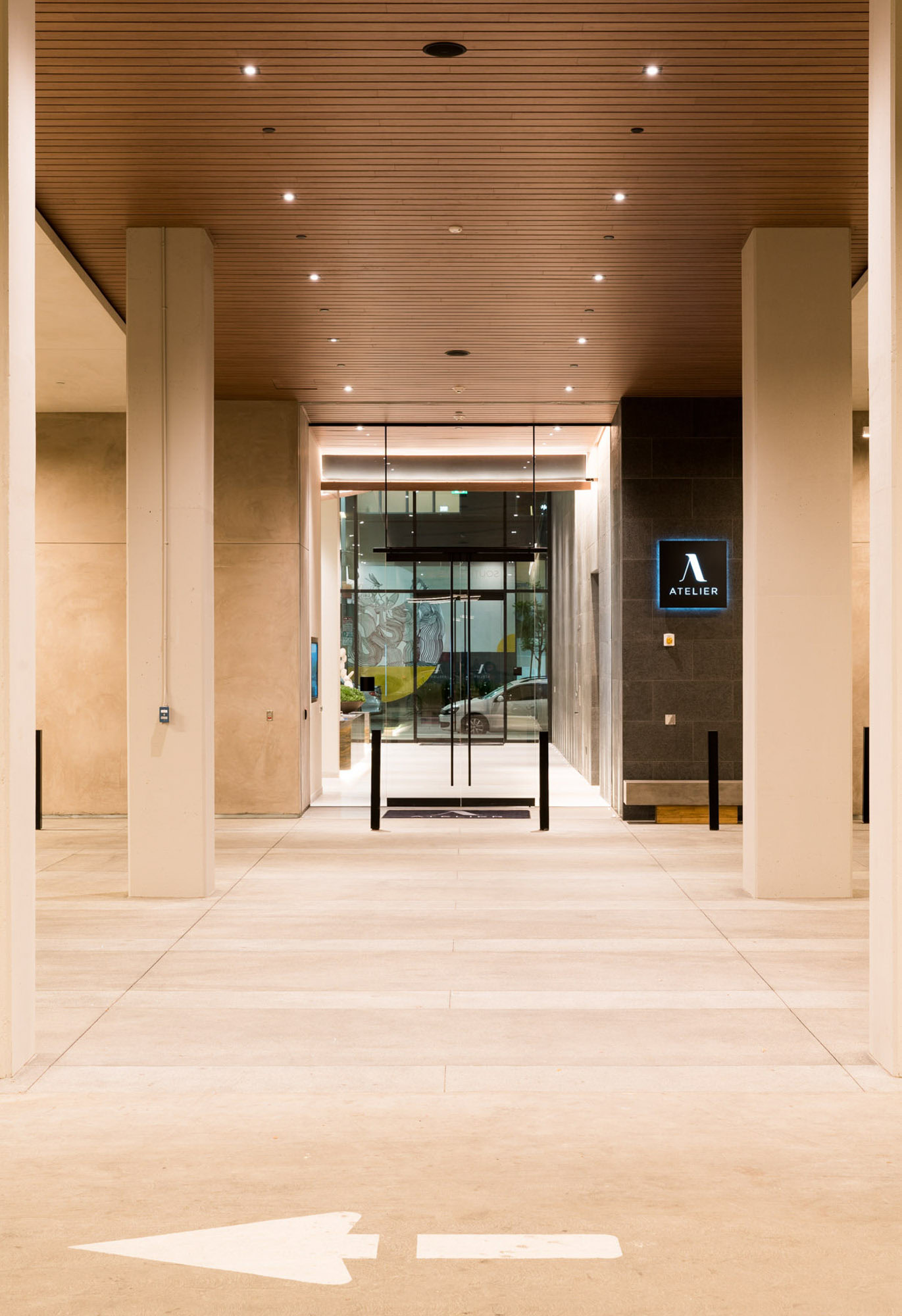 The entrance to the lobby of Ateliers luxury apartments in downtown los angeles