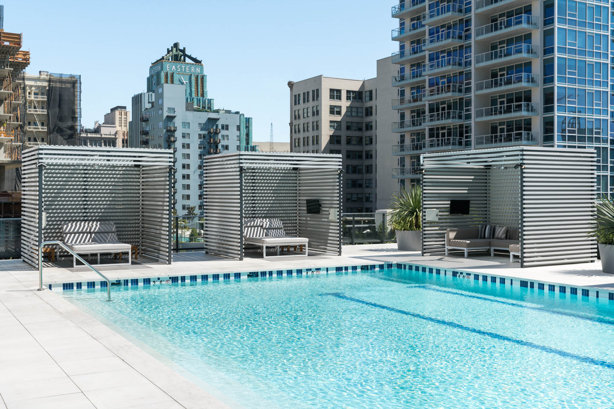A pool on the rooftop of Atelier apartments in downtown Los Angeles