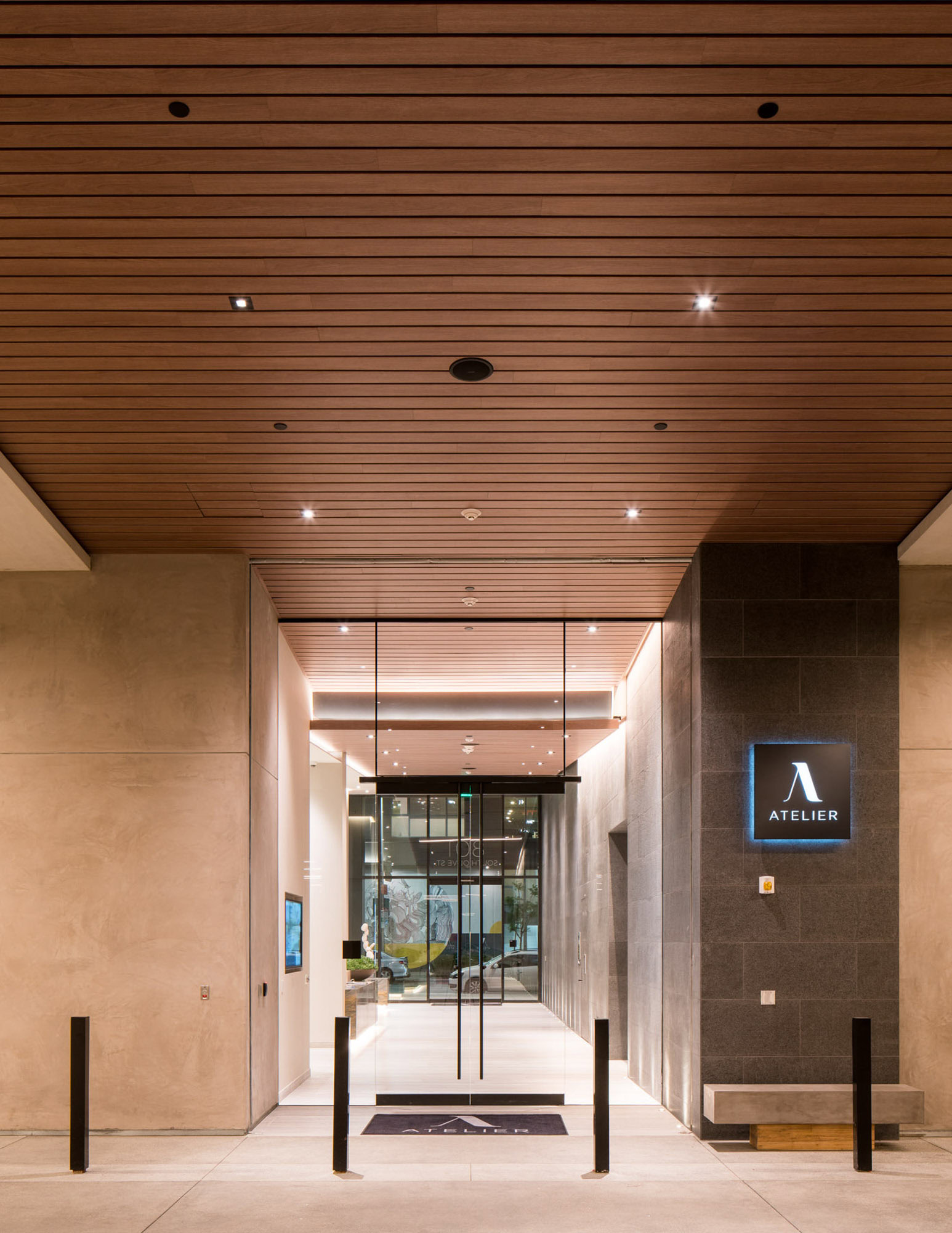 The entrance to Ateliers luxury apartment building in downtown Los Angeles