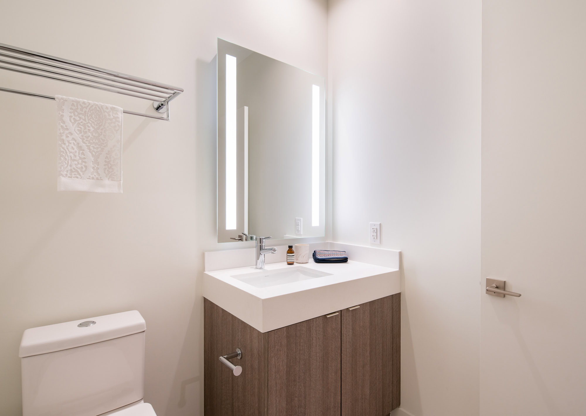 The bathroom in Ateliers luxury apartments in downtown Los Angeles CA