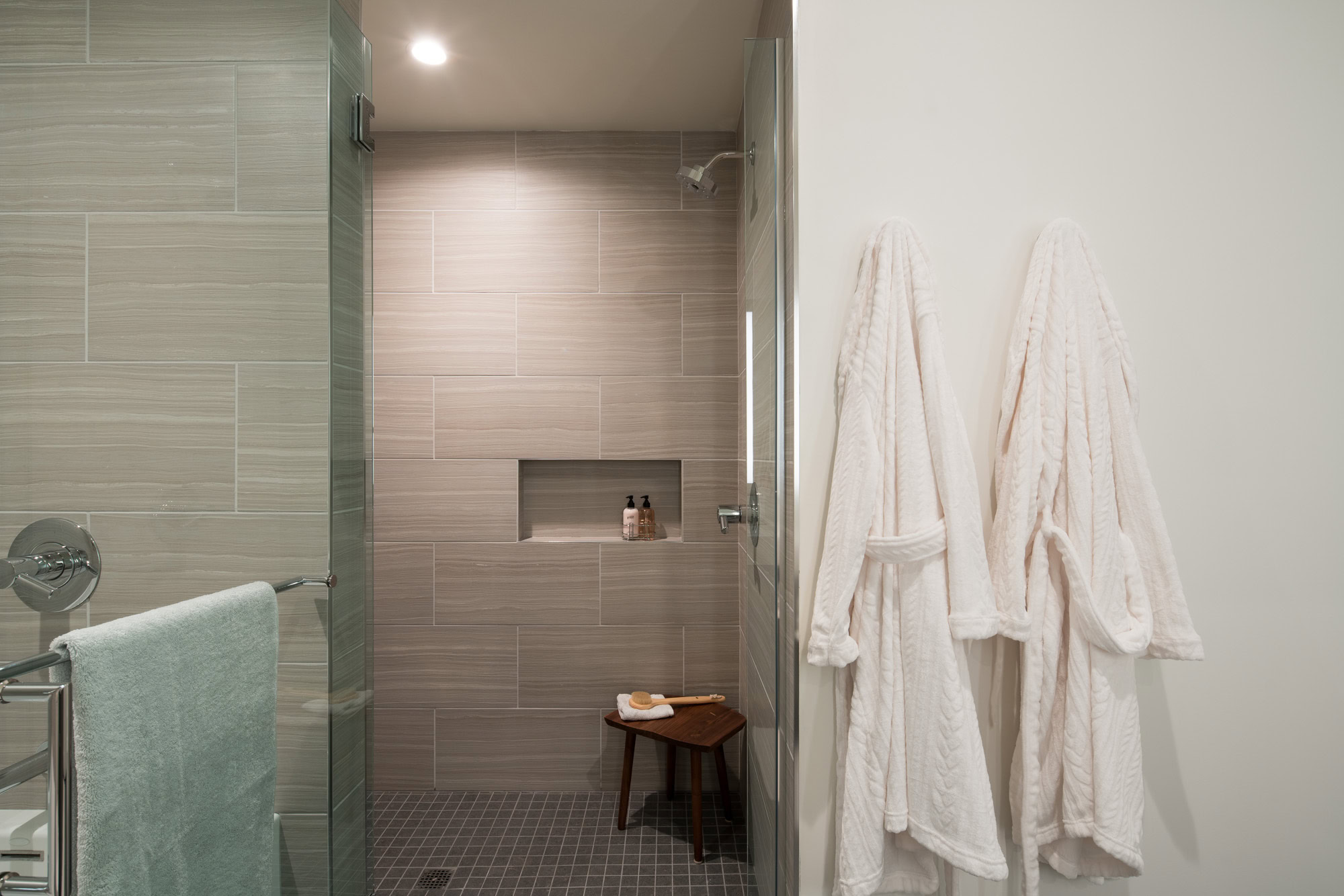 A spa-like bathroom in Ateliers luxury apartments in downtown LA