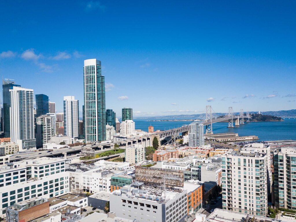The San Francisco skyline showing downtown San Francisco's sky scrapers and bay bridge