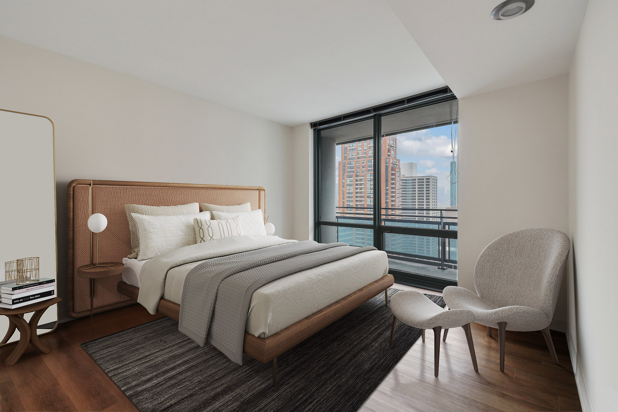 A bedroom at SKY55 apartments in Chicago, IL