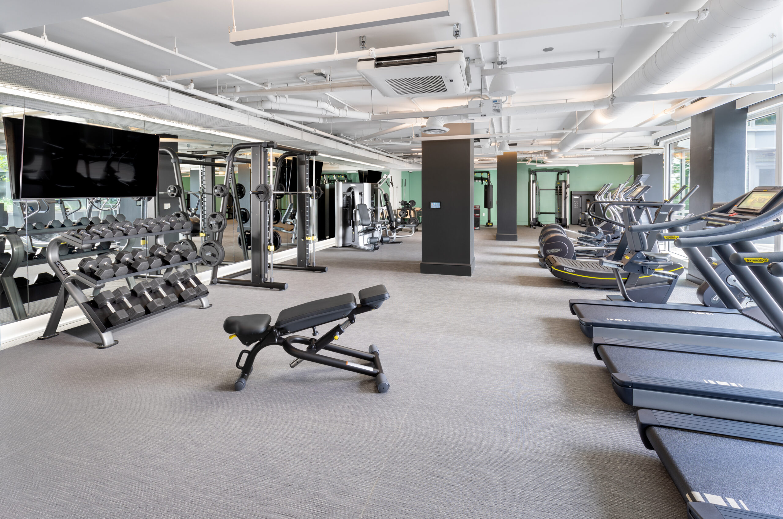 dumbbells, treadmills, and ellipticals in apartment building fitness center