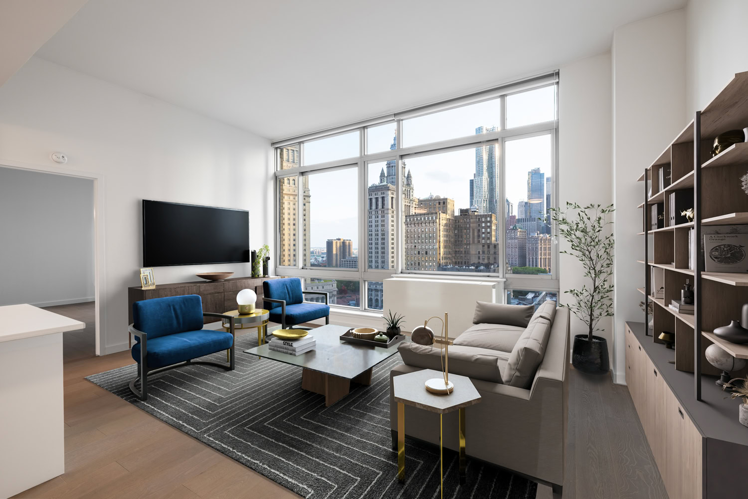 Living area of an apartment at 111 Worth with views of the city.
