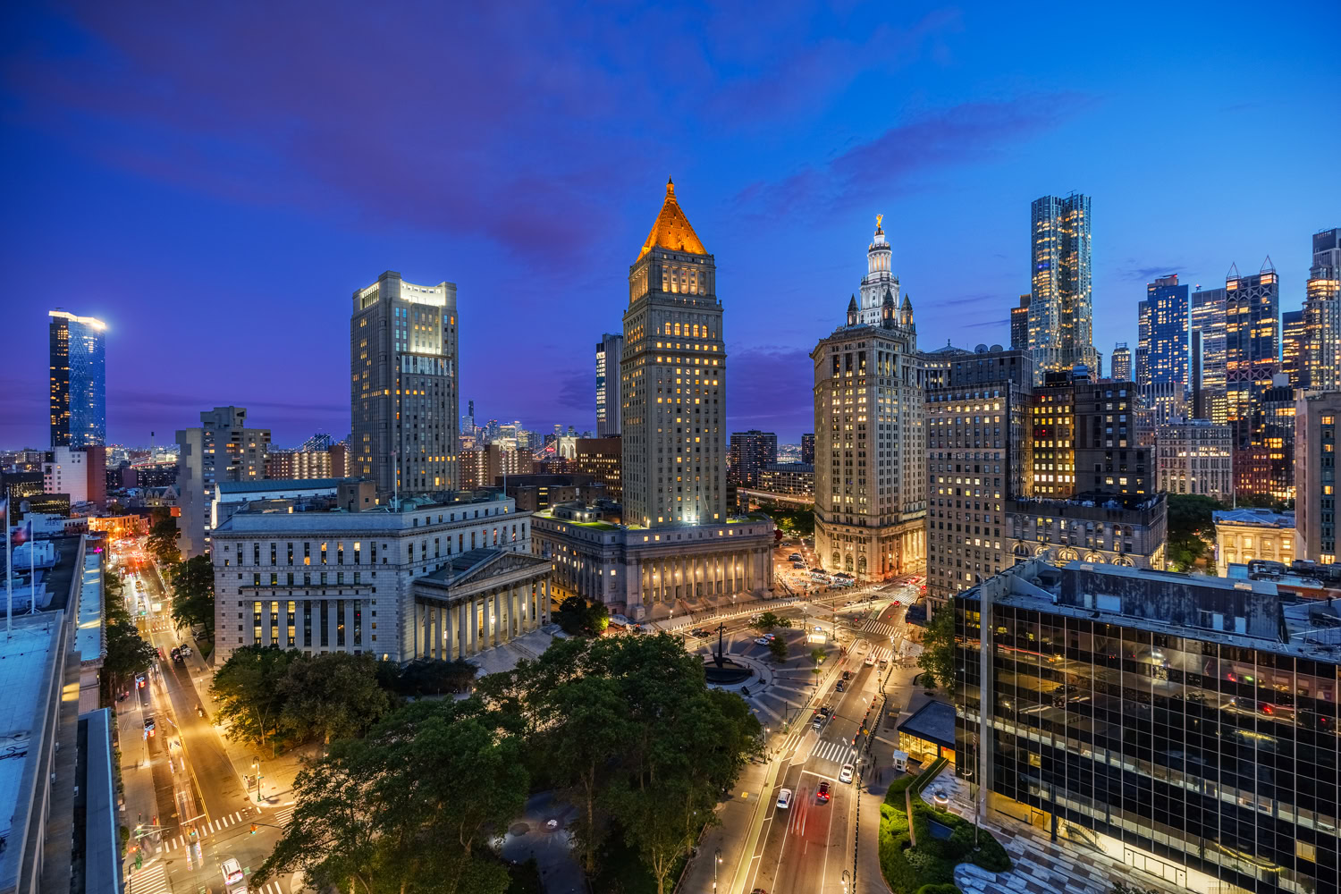 The heart of City Hall and Tribeca from the rooftop of 111 Worth.