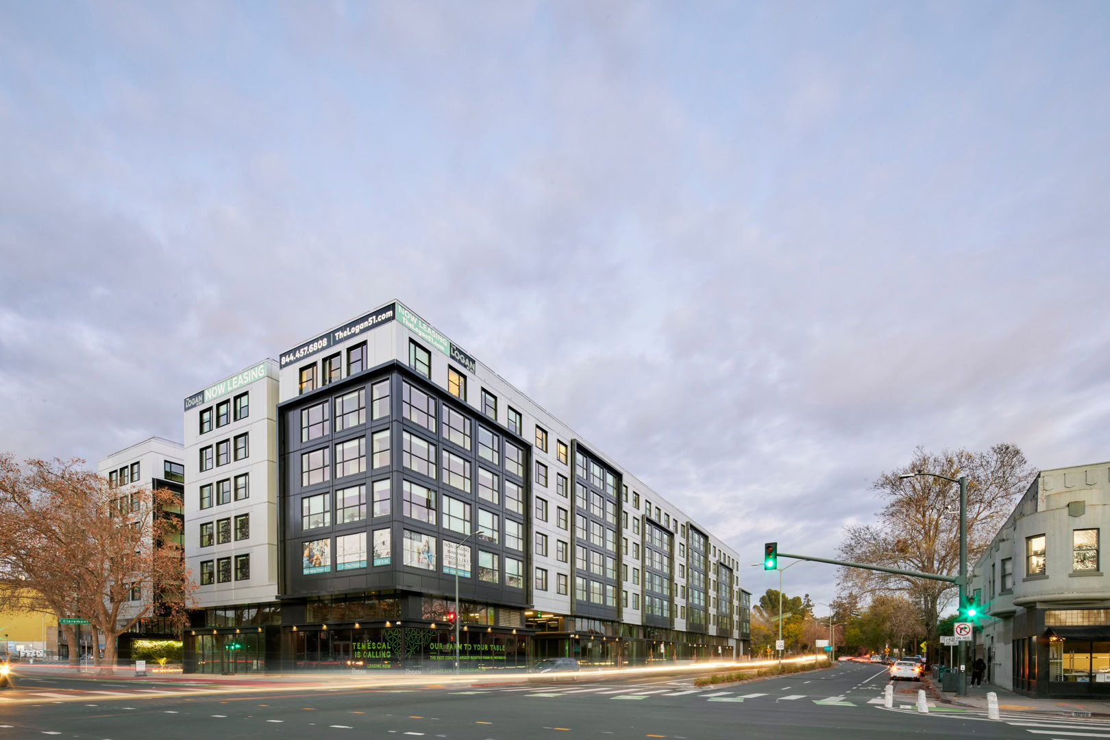 A street level view of The Logans Oakland luxury apartments for rent